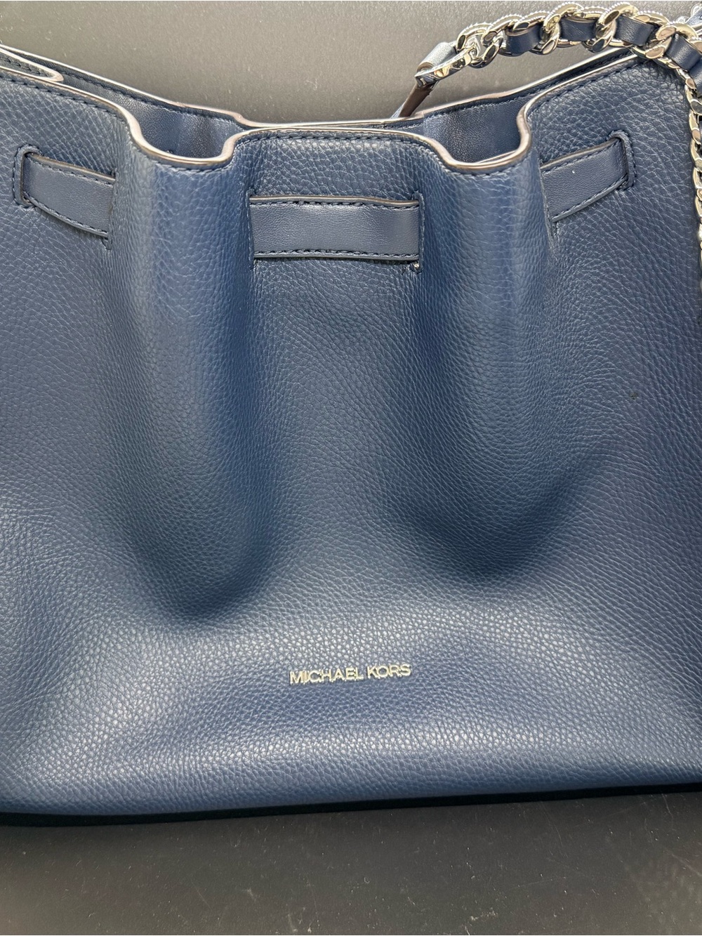 Michael Kors Navy Pebbled Leather Shoulder Tote with Chain Strap